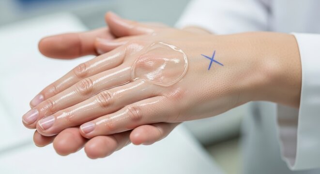 Close up view of person's hands applying translucent gel with cross mark