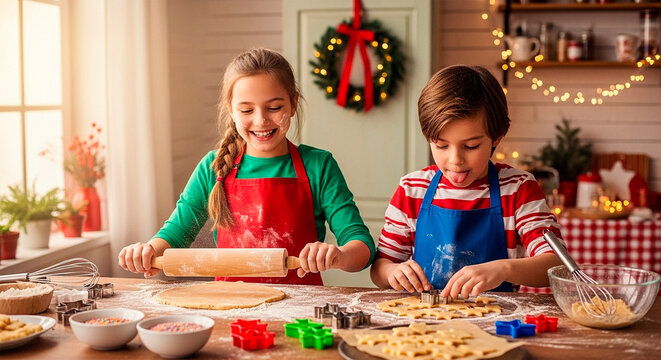 Two happy children baking Christmas cookies with flour on their faces, smiling in a brightly lit kitchen - Powered by Adobe