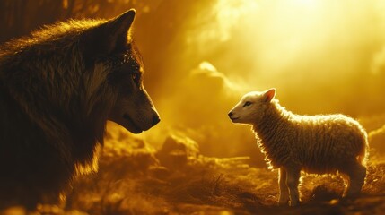 Wolf and lamb encounter in mystical forest animal interaction ethereal environment close-up view symbol of harmony