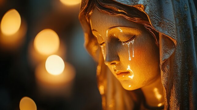 Emotional depiction of a weeping virgin statue church photography sacred environment close-up spiritual reflection