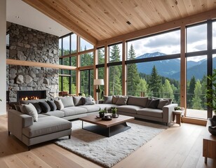 Spacious living area with stone fireplace and expansive mountain views