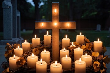 All saints day memorial with glowing candle