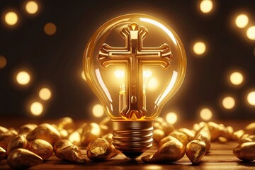 Golden christian cross inside light bulb