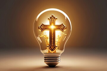 Golden christian cross inside light bulb
