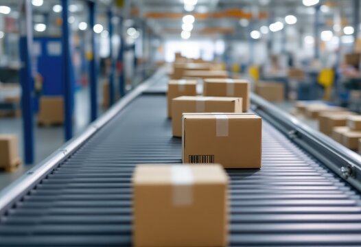 Cardboard boxes on a conveyor belt in a warehouse