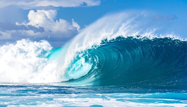 Spectacular breaking ocean wave with foamy crest under a sunny sky