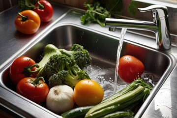 Fresh vegetables being washed in a kitchen