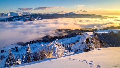 Snow-covered mountains meeting clouds, sunlit sky in a serene landscape