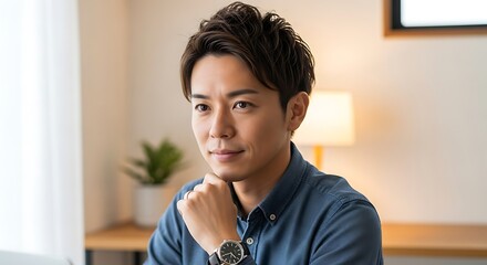 A handsome young Asian man in a blue shirt thoughtfully looks at a computer screen while working from home.