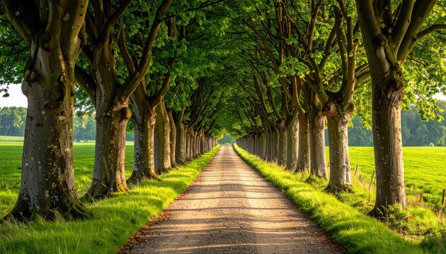 A Straight Dirt Road Lined with Tall Green Trees Casting Shadows on a Sunny Day in the Countryside