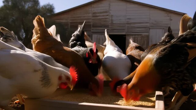 Group of hungry hens of mixed breeds eagerly peck grains from wooden feeder on dusty farm ground, old wooden barn in the background. Concept of authentic rustic agriculture