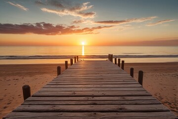 Sunset over wooden pier on calm beach