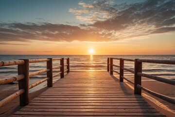 Sunset over wooden pier on calm beach