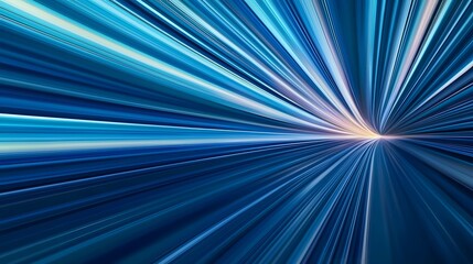 The image displays a dynamic abstract design featuring converging lines in shades of blue, creating a sense of speed and motion towards a central focal point of light.