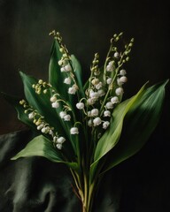 Fototapeta premium Lily of the valley bouquet against dark background for a flower shop commercial