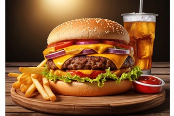 Delicious double cheeseburger with fries