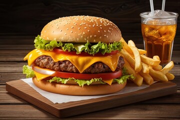 Delicious double cheeseburger with fries