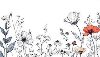 Line art flowers in garden, some colored, on white, backdrop for designs, graphics