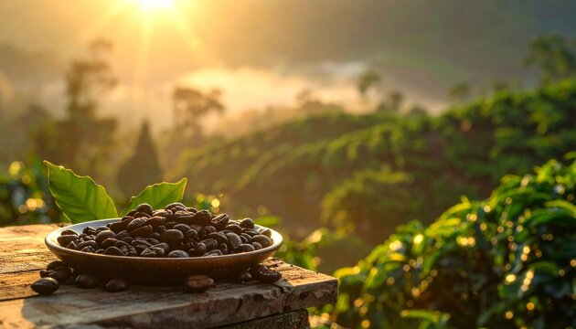 Roasted coffee beans on a plate with a beautiful sunrise over lush green plantations. - Powered by Adobe
