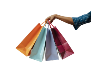 A persons hand holding several colorful shopping bags, isolated on transparent background