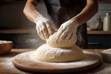 Baker kneading dough with flour dusting