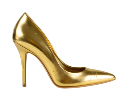 A single shiny gold stiletto high heel shoe, isolated on transparent background
