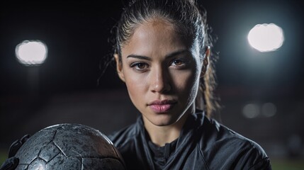 Intense female soccer player with determined gaze holds ball, dramatic lighting highlights her athletic prowess and focused expression in nighttime sports setting