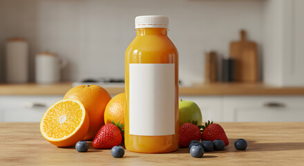 Fresh juice bottle mockup on kitchen wooden table with fruits and warm daylight for lifestyle branding display