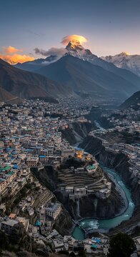 Badrinath Town and Alaknanda River Valley at Sunset, Uttarakhand, India.