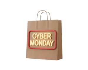A brown shopping bag with cyber monday text in a red frame, isolated on transparent background