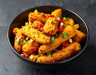 Spicy, cooked baby corn dish served in a black bowl