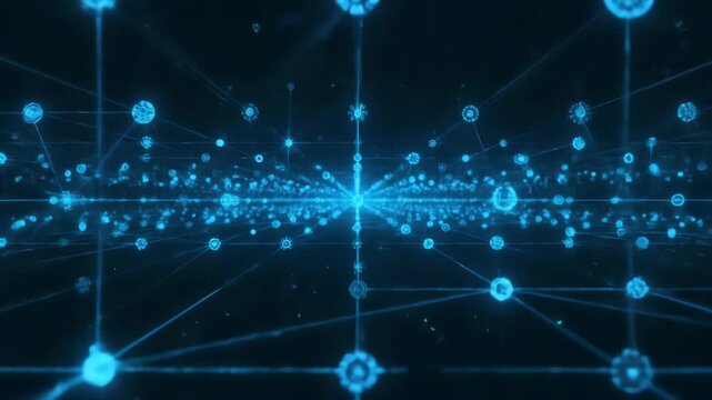 A dynamic digital transformation visualization featuring glowing blue interconnected nodes and lines, creating a vast network grid in a dark, futuristic environment. - Powered by Adobe