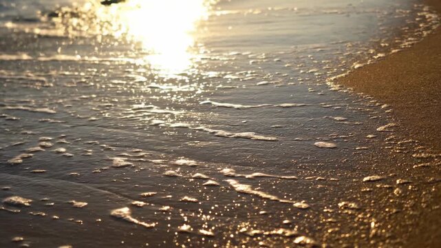 A slow tilt-down reveals frothy ocean waves receding from the wet sand, leaving intricate water trails in the late afternoon light late afternoon light, fluid, waves
