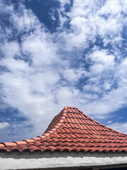 Geometric roof lines under soft cloudy sky