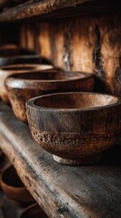 Fototapeta premium Rustic wooden bowls with weathered texture sit on an aged wooden shelf, capturing the timeless beauty of handcrafted artisan kitchenware in soft, warm lighting