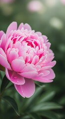 Captivating close-up of a vibrant pink peony blossom in soft sunlight