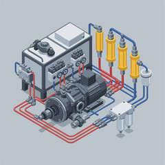 Isometric Industrial Air Compressor System with Filters and Control Panel.