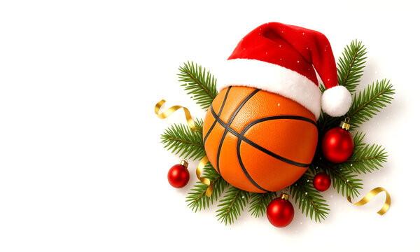 a basketball placed among Christmas decorations on a clean white background, New Year's Day, Generative ai