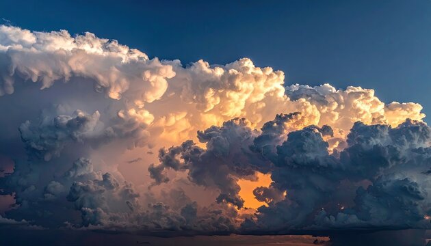 Dramatic Cumulonimbus Clouds Illuminated by Golden Hour Sunlight Against a Deep Blue Sky
