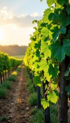 Sun-Drenched Vineyard Trellis with Lush Green Vines Picturesque Wine Country Scene