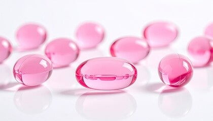 Many Pink Gel Capsules and Pills Scattered on a White Surface With Soft Studio Lighting Reflecting on the Smooth Texture