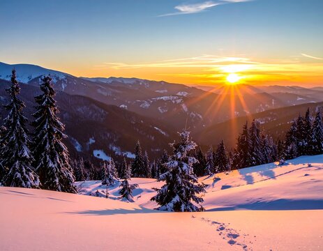 Snowy mountain landscape at sunset, with footprints and evergreen trees