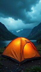 Dramatic Stormy Sky Over Rugged Landscape with Rain-Soaked Tent,  Perfect for Adventure and Extreme Weather Stock Photos