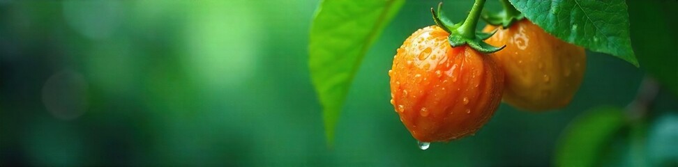 Lush Rainforest Fruit Glistening After Rain Vibrant Orange Against Green Foliage