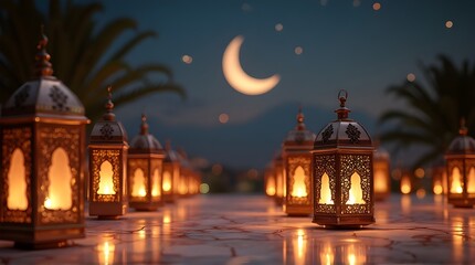 Lanterns with crescent moon. Ramadan Kareem background