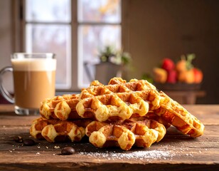 Stack of golden waffles dusted with sugar near coffee and fruit