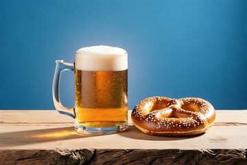 A rustic yet clean-finished light wooden table is the stage for a single, imposing mug of craft beer overflowing with foam, next to a giant, golden pretzel, sprinkled with coarse sea salt.