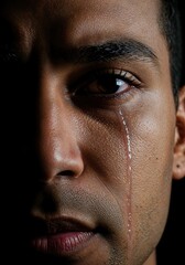 Obraz premium Silent Tear: Intense close-up portrait of a man's face, a single tear delicately tracing a path down his cheek, revealing profound emotion. 