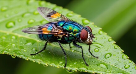 Macro shot of a vibrant fly with iridescent body resting on a dew-kissed green leaf