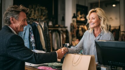 A Warm Encounter Between a Customer and Shopkeeper in a Fashion Boutique, Showcasing a Friendly and Inviting Shopping Experience. Checkout retail process